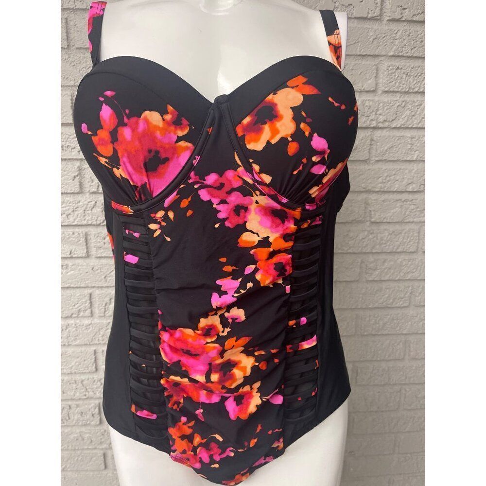 Women Black Floral Print Cut-Out Back One Piece Swimsuit Size XL NWOT - Picture 5 of 8